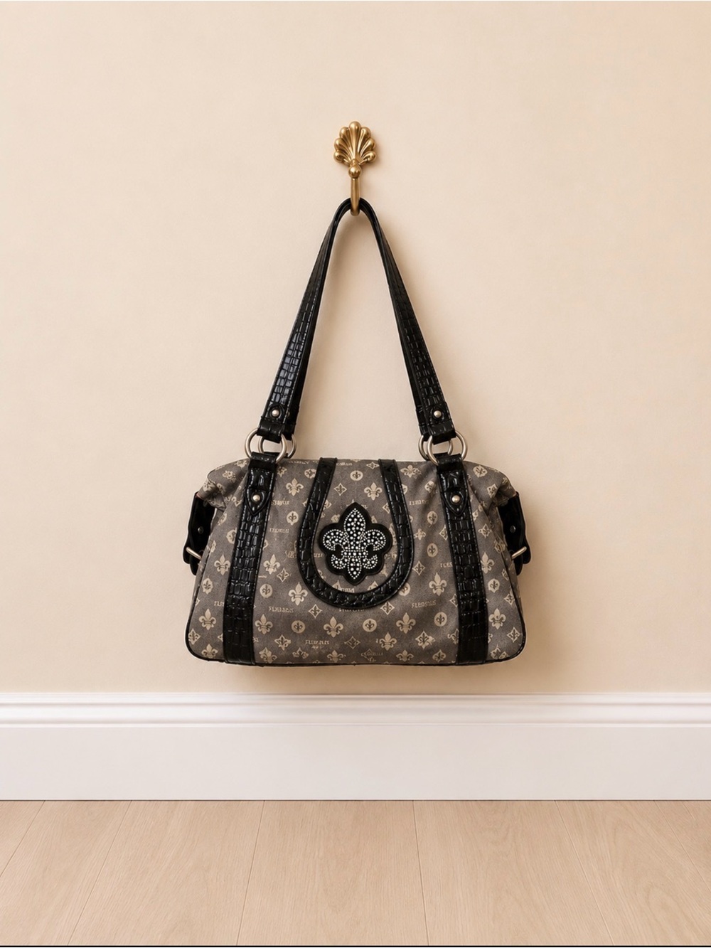 Vintage Fleur De Lis Faux Croc Satchel Purse Y2K